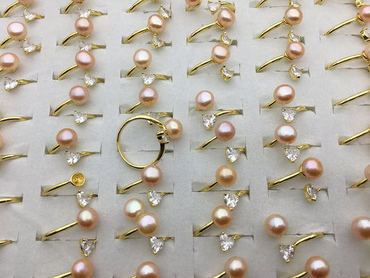 6pcs Gold Open AAA pink pearl ring, inexpensive engagement rings, fashion rings, fake diamond rings real pearls, inexpensive ring, R1-088-7