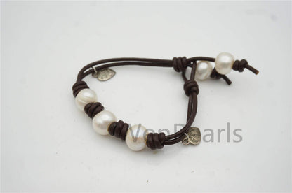 3 Pearl leather bracelet,11mm potato white pearl,Select leather color,Handmade Cuff,Le7-112