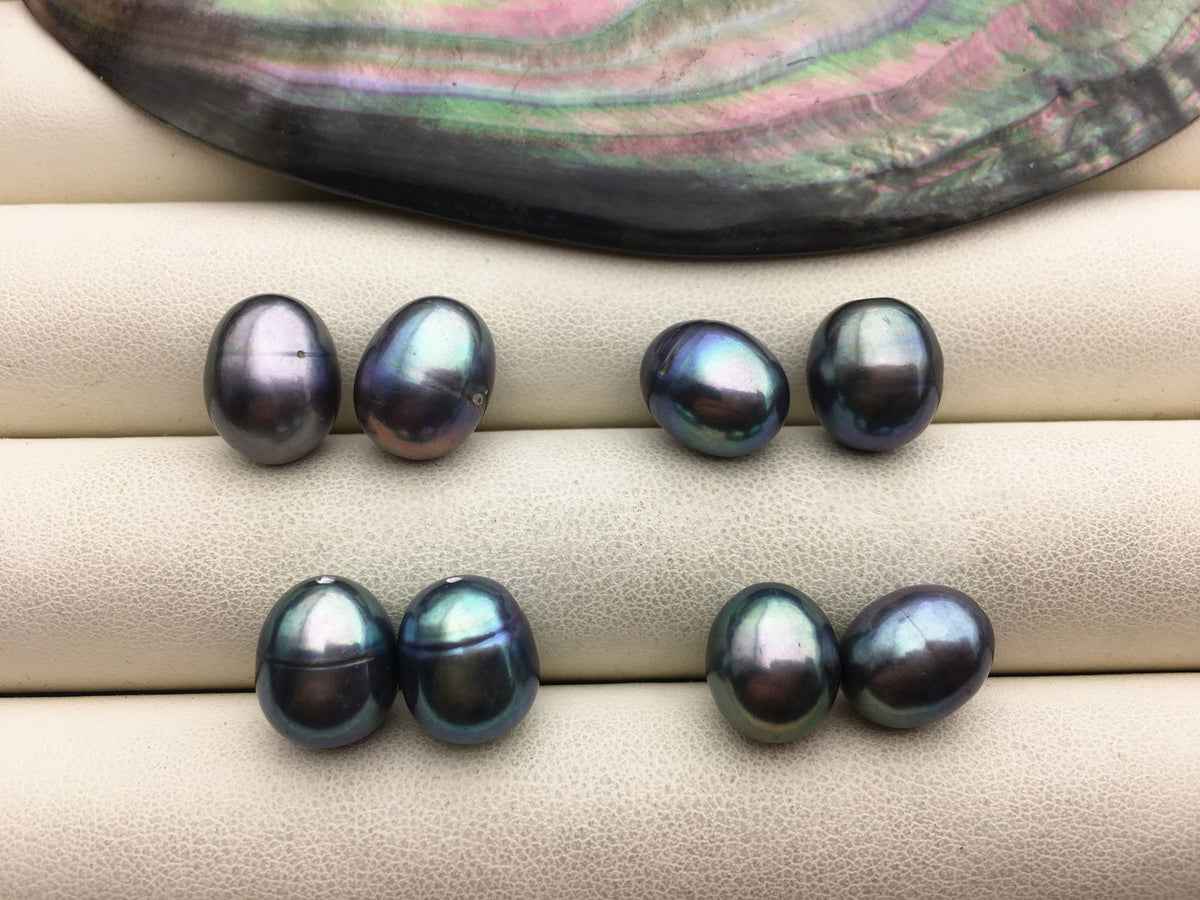 2 pairs AA+ 9.4-10.3mm deep blue green rice freshwater pearls,for make dangle pearl earrings,LR10-T5
