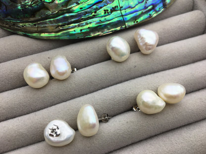 11mm big white baroque nugget Pearl Stud Earrings,freshwater pearl earrings,Wedding,classic pearl studs,SE1-069-7