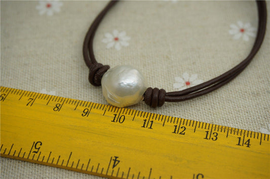 Huge Pearl and leather bracelet, Leather Pearls Bracelet, Handmade Cuff, White Pearls on Brown Leather, Black leather bracelet, Le7-069