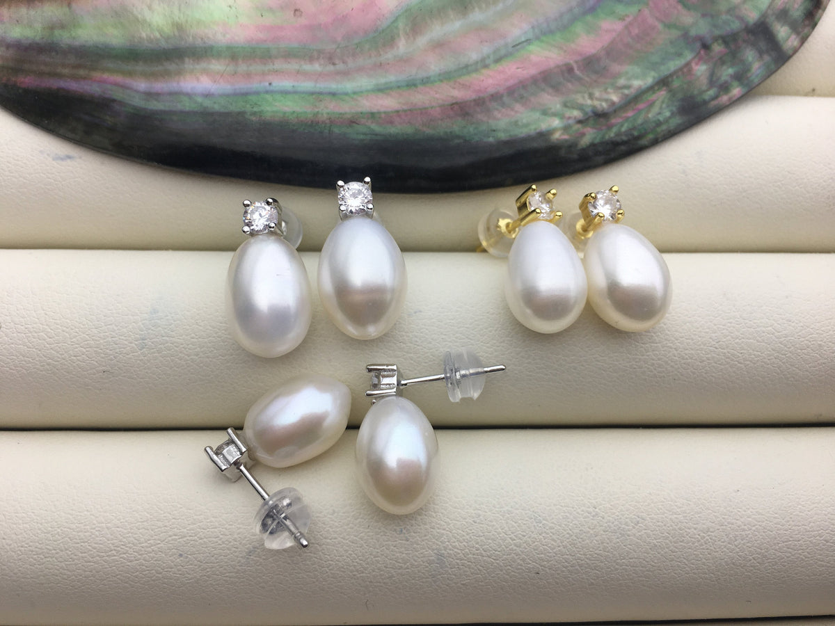 AAA 9mm White rice pearl cz stud earrings,zircon S925 Sterling Silver pearl earrings,pearl for women for girl,SE3-058