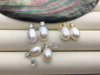 AAA 9mm White rice pearl cz stud earrings,zircon S925 Sterling Silver pearl earrings,pearl for women for girl,SE3-058