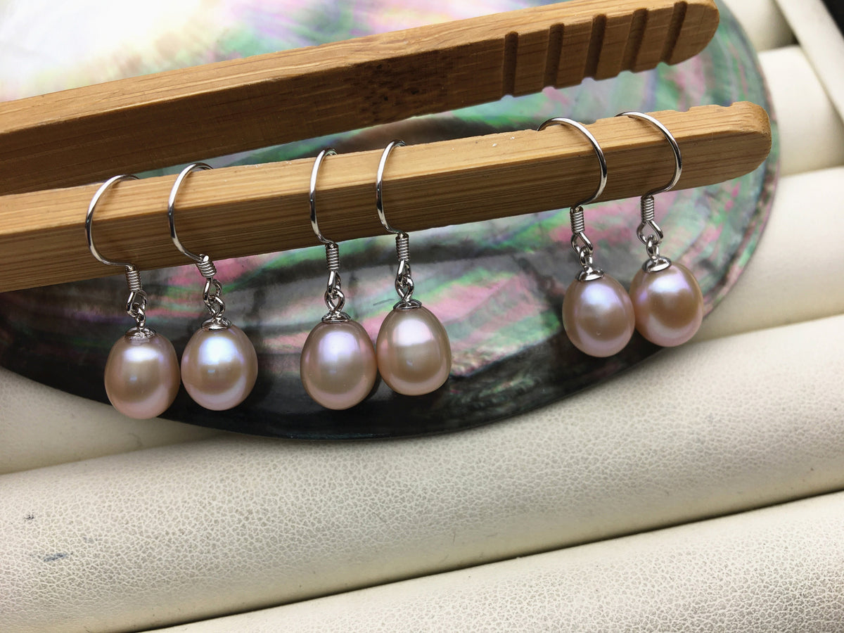 AAA 7.5-8mm white/purple/gray rice freshwater pearl dangle earrings, S925 Sterling Silver pearl earrings, pearl for women, SE3-110
