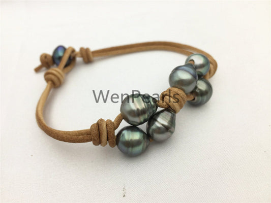 Fashion, Tahitian pearl bracelet, High Luster pearl, Pearl Leather bracelet, Black Leather bracelet, Le10-003