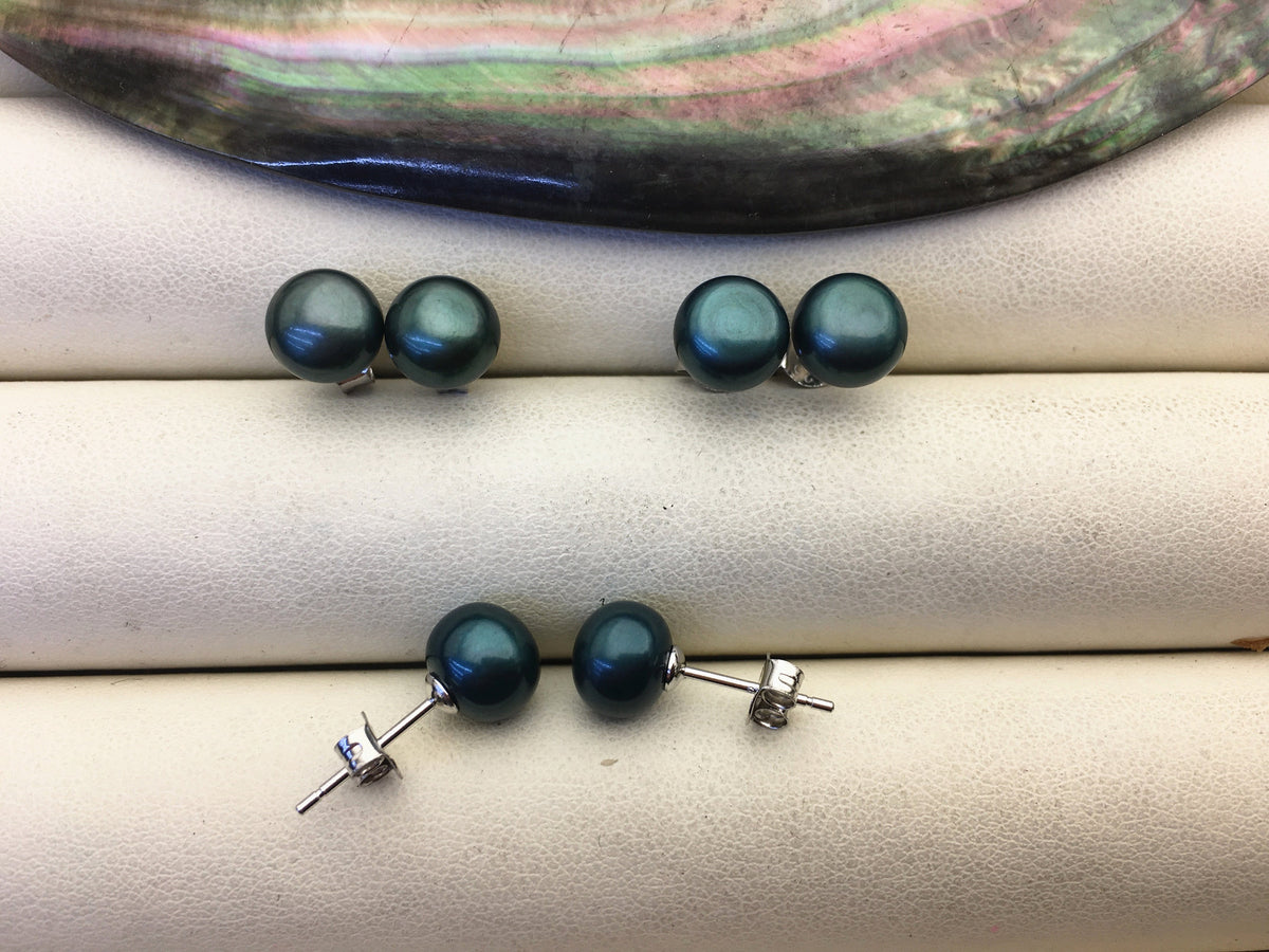 AAA 7-8mm Deep Green Button Round Pearl stud earrings,Sterling Silver,SE1-T7