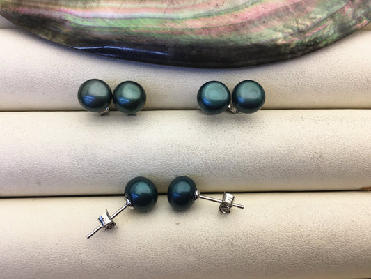 AAA 7-8mm Deep Green Button Round Pearl stud earrings,Sterling Silver,SE1-T7