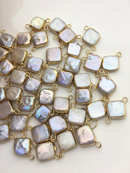 10pcs AA+ 11-12mm White Block Pearl Pendant with Gold Electroplated Edge for make Earrings bracelet necklace, wen pearl, EDG-013