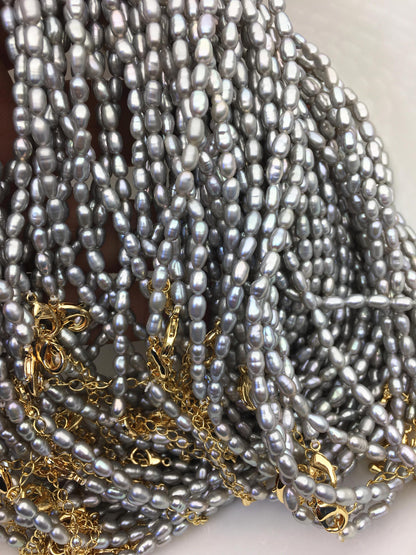 16+2'' AAA 3-4mm tiny gray rice freshwater Pearl necklace, genuine freshwater Pearl necklace, Natural Pearl Necklace, NPN1-T41