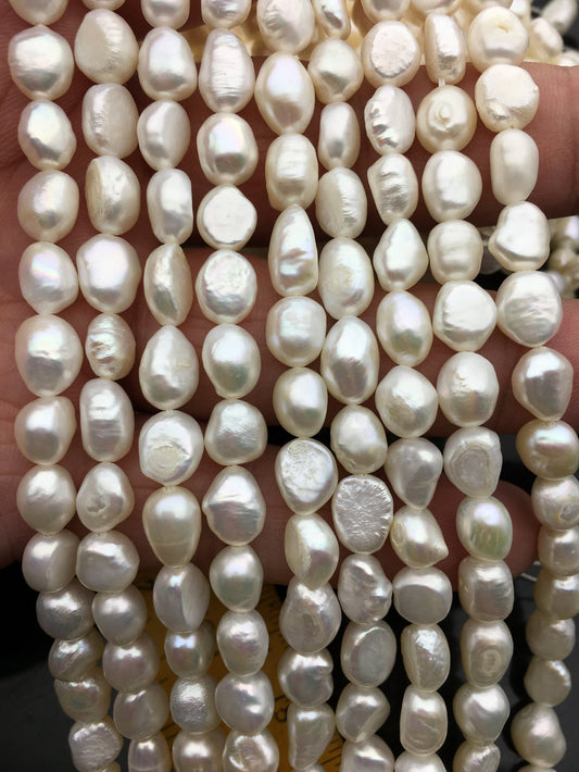 2 strands AA 6.5-7.3mm white nugget freshwater pearls, irregular nugget freshwater pearl strand, cheap price, pearl factory china, LM7-2A-6