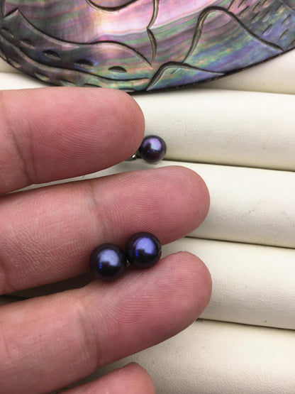 1 pair AAA 7-7.5mm Black Round Pearl Stud Earrings,Sterling Silver,Wedding,classic pearl studs,SE1-T50