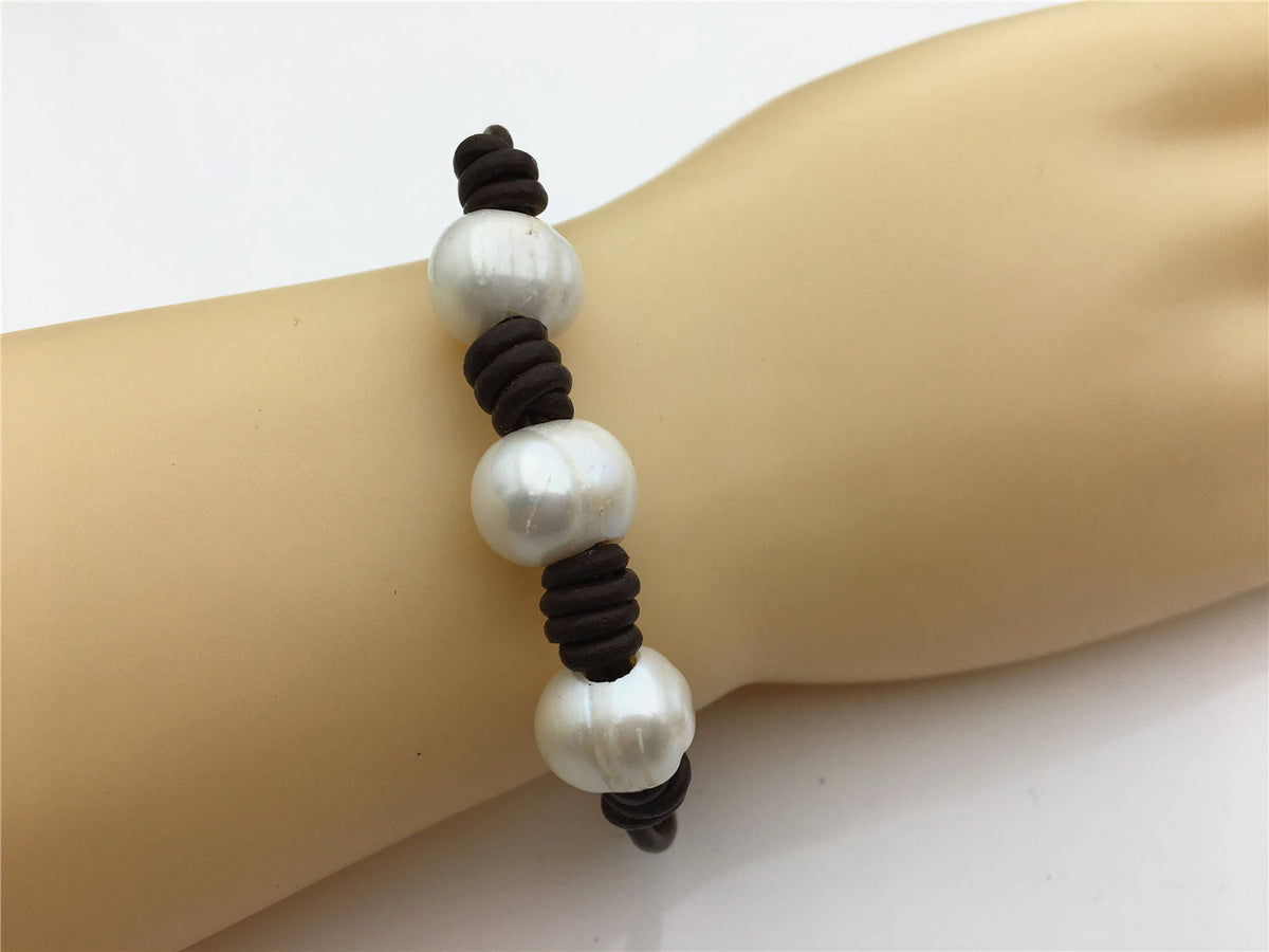 50% OFF 7.5 inches 12mm Big pearl twisted leather pearl bracelet, knotted freshwater pearl bracelet, Leather Pearls Bracelet, NPN1-032