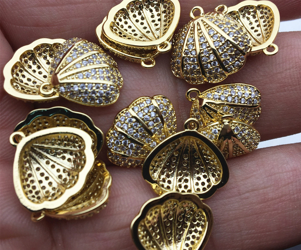 3pcs 14x14.5mm Gold Zircon Shell Charm pendant,Brass plated 14k gold,ACC-O-005