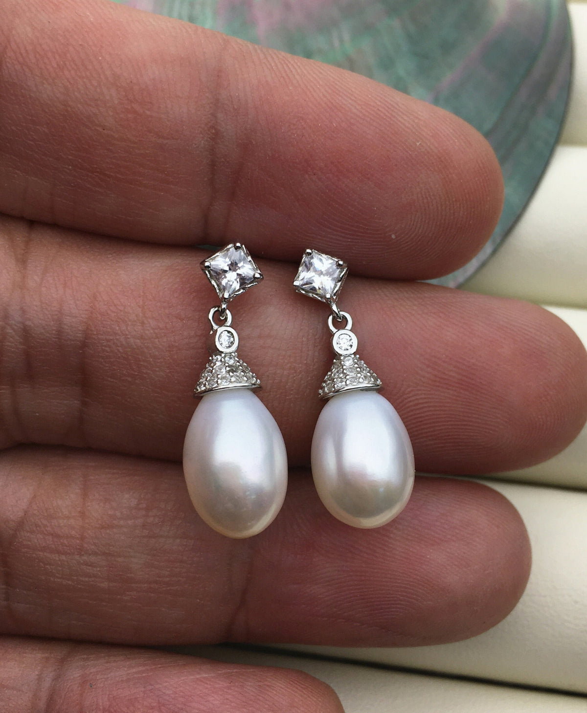 AAA 9mm White rice pearl cz stud earrings,zircon S925 Sterling Silver pearl earrings,pearl for women for girl,SE3-046