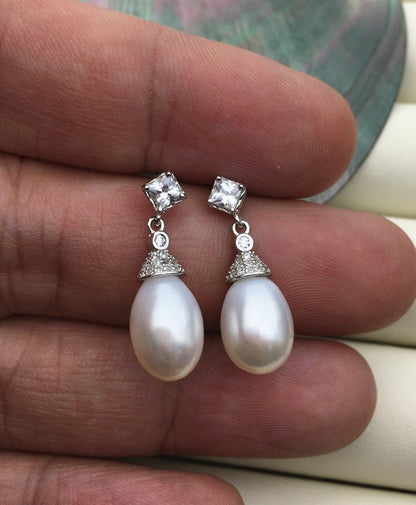 AAA 9mm White rice pearl cz stud earrings,zircon S925 Sterling Silver pearl earrings,pearl for women for girl,SE3-046
