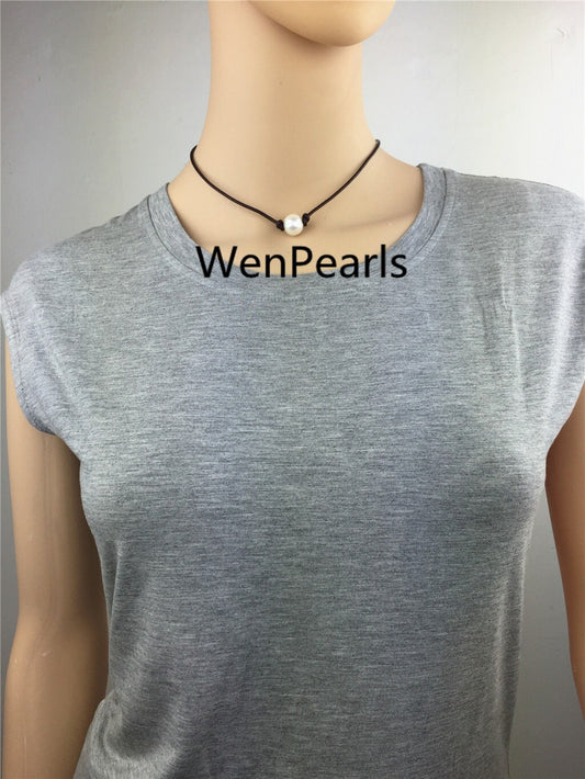 Hot sale! 11mm Round pearl necklace, Leather Pearl Choker, Pearl Leather Necklace, White Freshwater pearl, Black Leather Pearl necklace, Le1-001