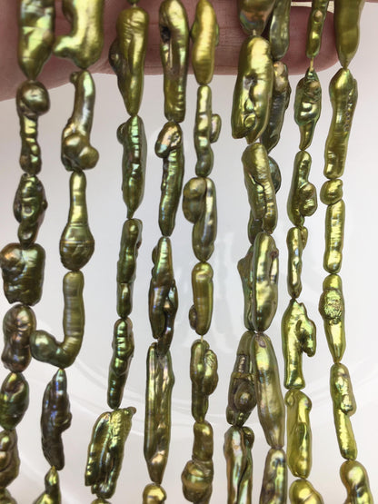 AA 6-8mm green toothpick Biwa Pearl Necklace,Genuine Fresh Water Pearl,Wedding Necklace,Mothers Day,ZS-80-10-57