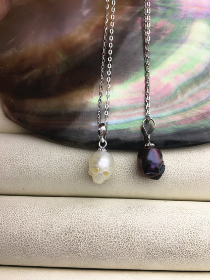 AAA 8mm white/pink/purple/gray/black handmade carved skull freshwater pearl pendant necklace, S925 Sterling silver pendant, NC1-012-9