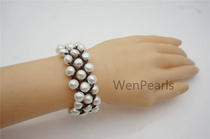 Three Rows nugget Pearl fashion jewelry, pearl Leather Pearls Bracelet - plait leather bracelet - Genuine freshwater pearl - Le7-161