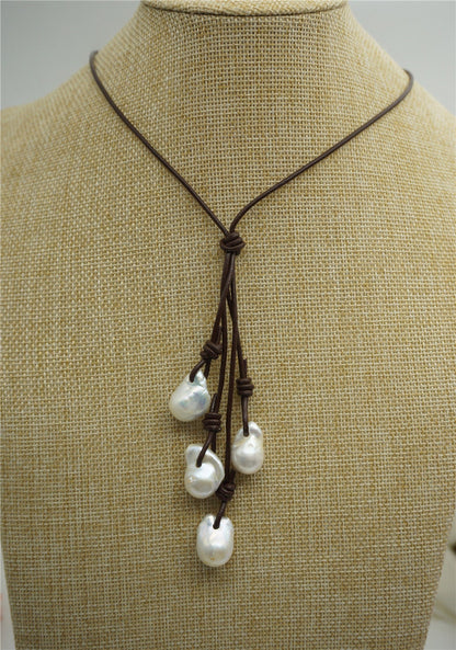 Flameball Freshwater Pearl and Leather Drop Necklace, Huge pearl necklace, Pearl Leather Necklace, White Leather Pearl necklace, Le2-037