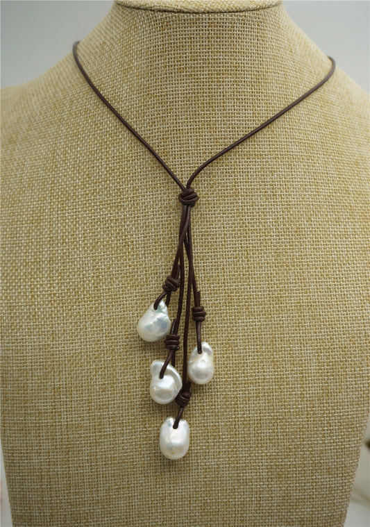 Flameball Freshwater Pearl and Leather Drop Necklace, Huge pearl necklace, Pearl Leather Necklace, White Leather Pearl necklace, Le2-037