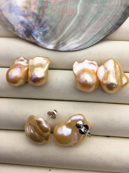 1 pair AAA 13-17mm peach orange flame ball pearl stud earrings, sterling silver, earring with gray baroque Natural Pearl, SE3-031-14