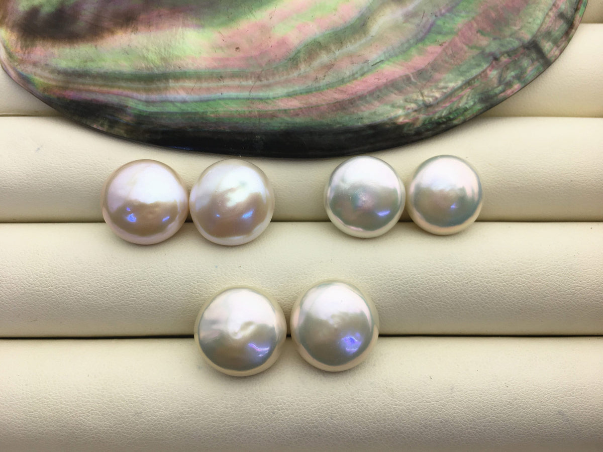 1 pair AAA+ 14-15mm white Coin Freshwater Pearls Pair,no hole,COIN14-3A-1