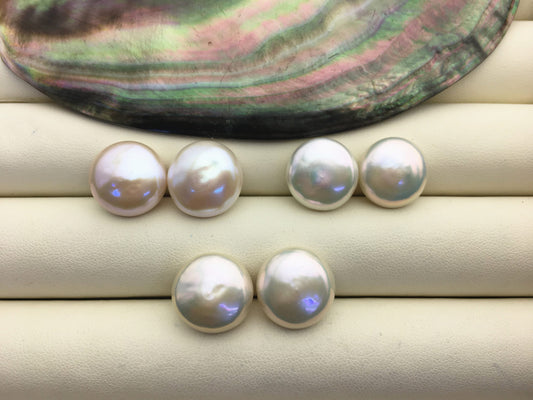 1 pair AAA+ 14-15mm white Coin Freshwater Pearls Pair,no hole,COIN14-3A-1