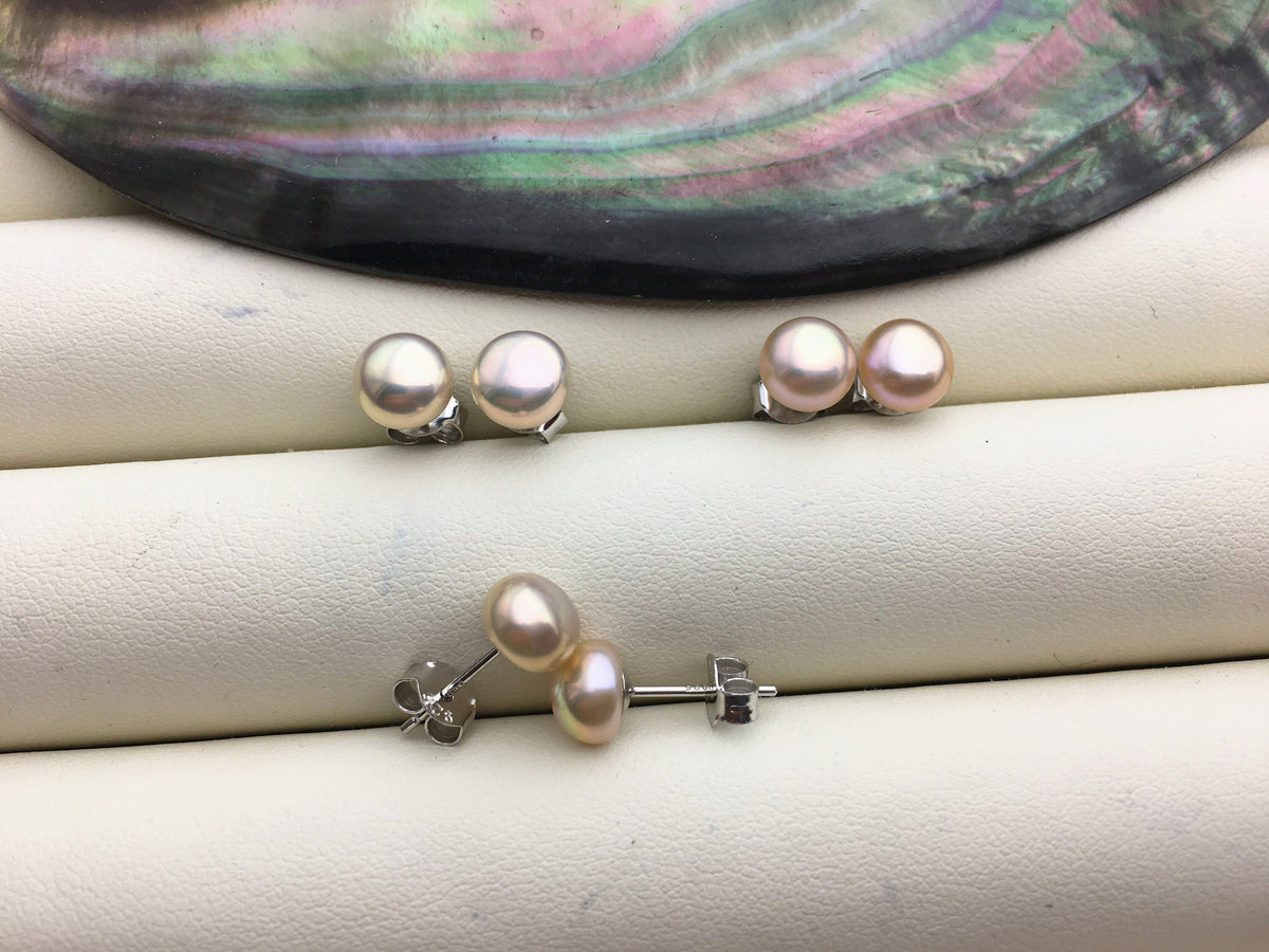 1 pair AAA 7-7.5mm Natural Golden Color Pearl earrings, stud pearl earrings, Sterling Silver, bridal, SE1-029