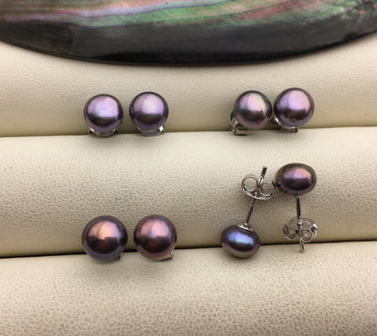 AAA 7-7.5mm Black Rainbow Pearl Stud Earrings, pearl earrings,S925 Sterling Silver,Wedding,classic pearl studs,SE1-064