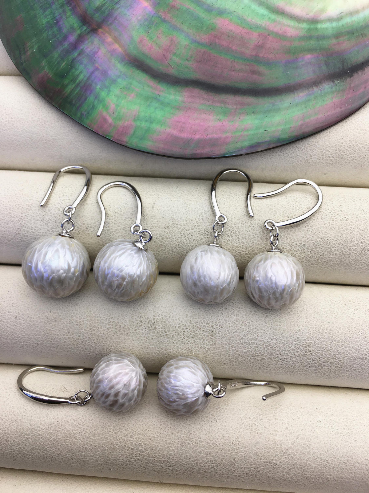 1 pair AA+ 11-13mm gray handmade carved round pearl dangle earrings,S925 sterling silver earrings,SE3-T9-42