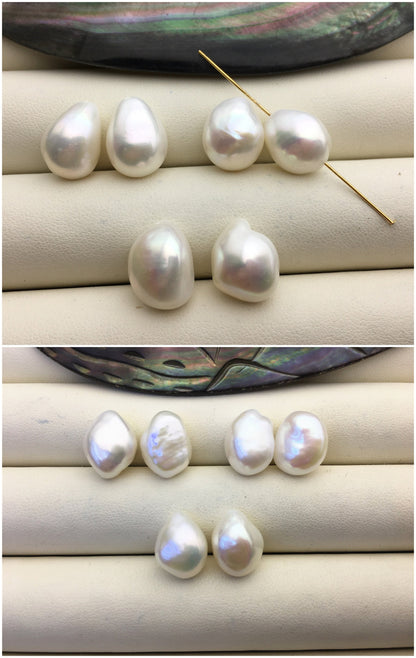 2 pairs AAA 10.4-11.4mm White Nugget Freshwater Pearl White loose Beads Pair, 0.9mm through hole, no hole, wholesale, ZS-103-37-8