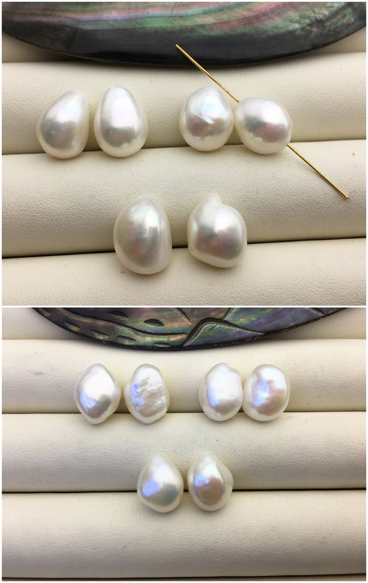 2 pairs AAA 10.4-11.4mm White Nugget Freshwater Pearl White loose Beads Pair, 0.9mm through hole, no hole, wholesale, ZS-103-37-8