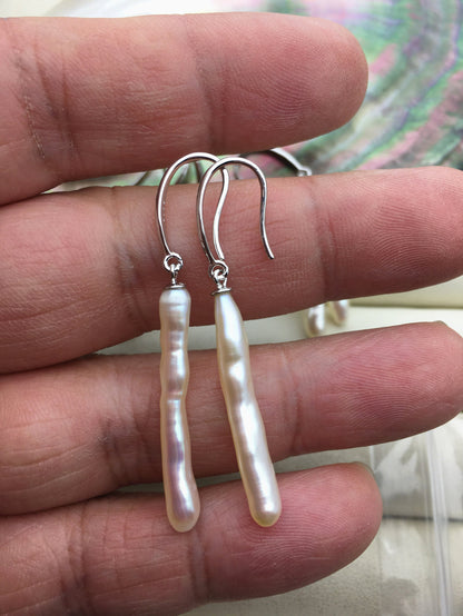 1 pair AAA 4-5x18-25mm white Toothpick pearl dangle earrings,Silver Color S925 Sterling Silver earrings,SE3-012