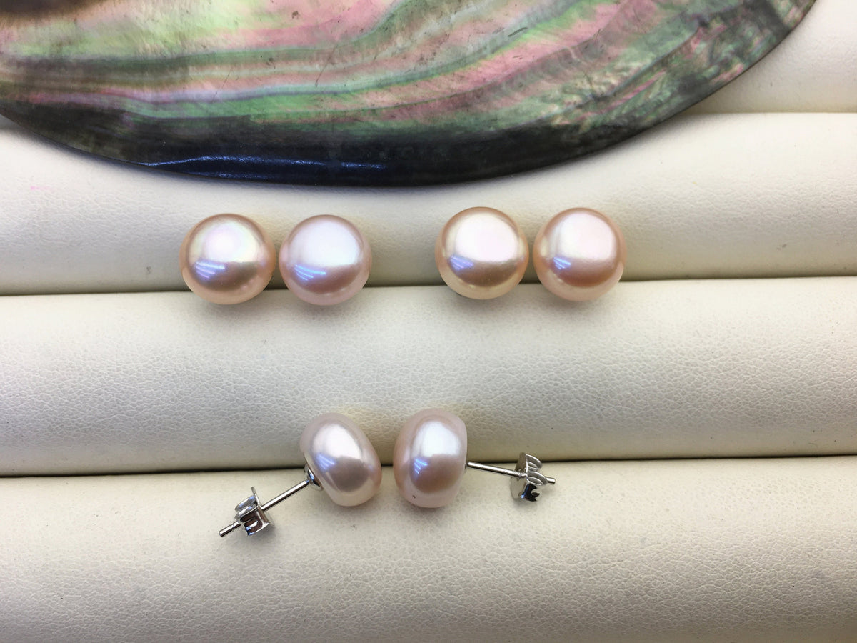 high luster!AAA 10-10.5mm purple rainbow button round pearl stud earrings - SE1-T41
