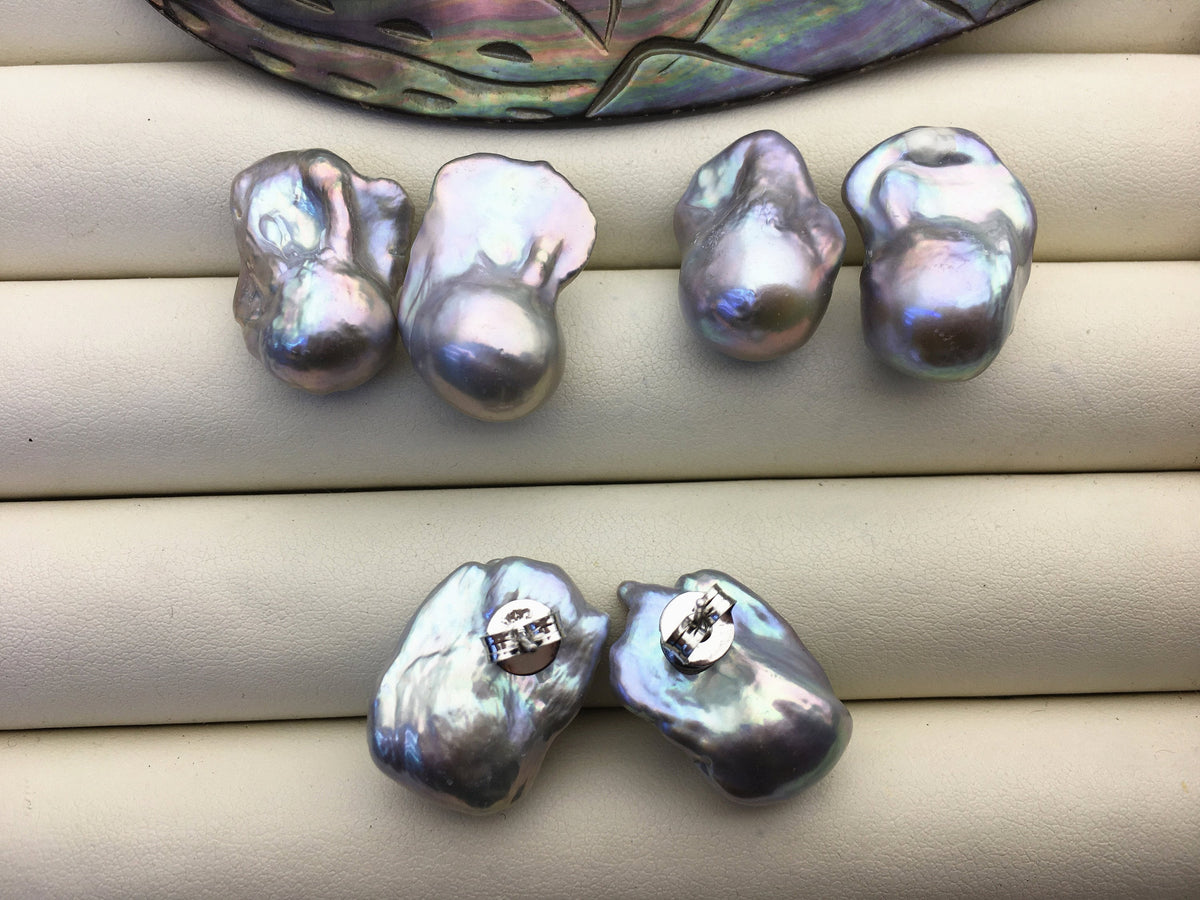 30% OFF 1 pair AAA 14-17mm gray flame ball pearl stud earrings, sterling silver, earring with gray baroque Natural Pearl, SE3-031-11