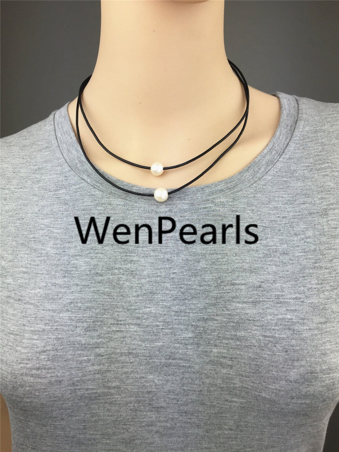 2 rows pearl necklace, Leather Necklace, 9-10mm round pearl, High Luster pearl, Pearl Leather Necklace, Black Leather Pearl necklace, Le1-047