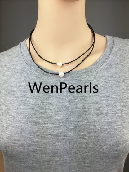 2 rows pearl necklace, Leather Necklace, 9-10mm round pearl, High Luster pearl, Pearl Leather Necklace, Black Leather Pearl necklace, Le1-047