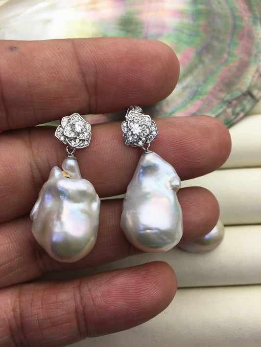 1 pair AA+ 14-16mmx20-28mm flame ball pearl flower stud earrings, sterling silver, earring with white baroque Natural Pearl, SE3-031-3