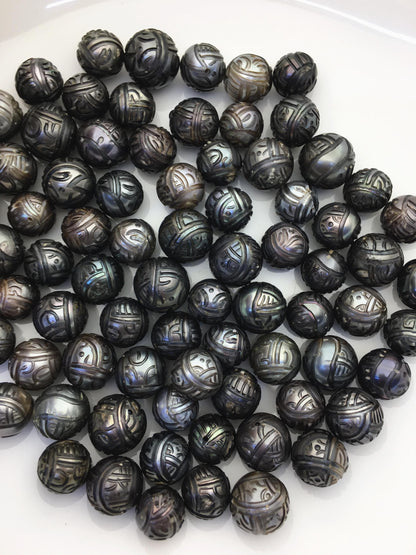 1pc AA 10-14mm Green Black Near Round Carved Tahitian Pearl - Hand Cared - Tattoo Tahitian Pearls, carved pearls, through hole, CAC-FLW-9-3