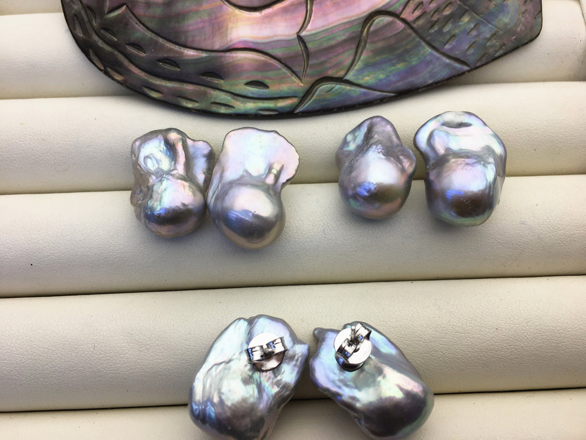 30% OFF 1 pair AAA 14-17mm gray flame ball pearl stud earrings, sterling silver, earring with gray baroque Natural Pearl, SE3-031-11