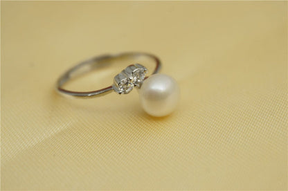 Genuine Pearl ring, cz engagement rings, anniversary ring, cheap wedding rings for women, eternity ring, sterling silver 925 open ring, R1-014
