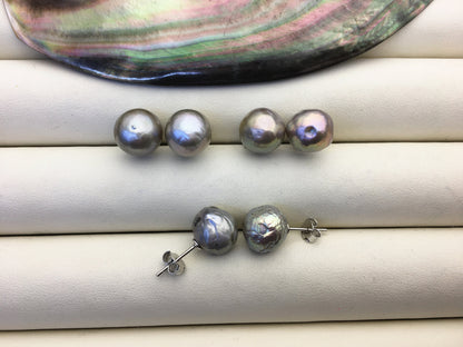 2 pairs AA+ 10-11mm gray baroque near round edison pearl stud earrings,S925 Sterling Silver stud earrings,SE3-T61