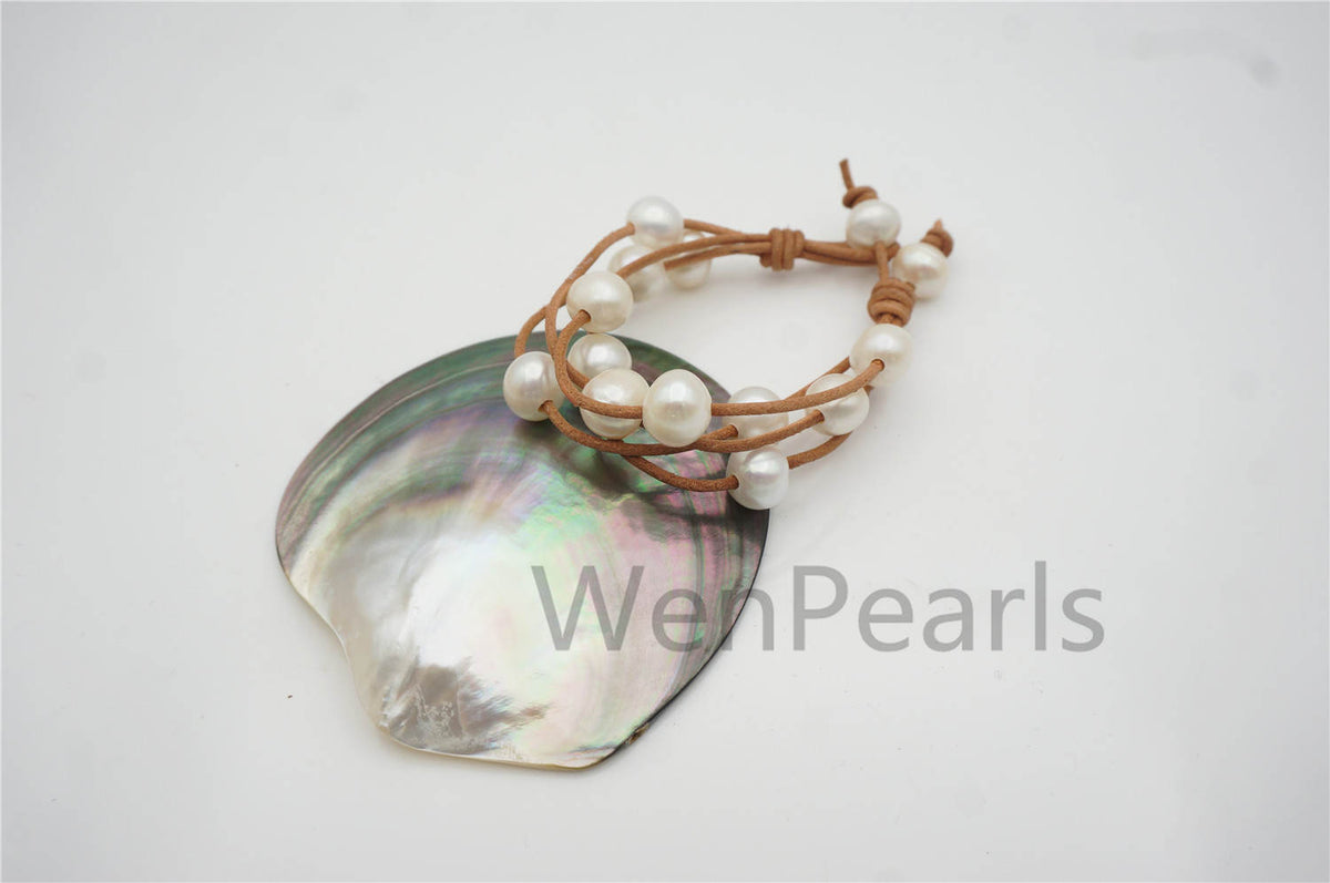 4 rows 12mm Big White Pearl leather bracelet, Rare Potato Nugget Shape pearl,Select leather color,Handmade Cuff,Le7-108