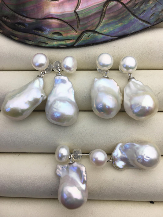 1 pair AAA 13-16mm flame ball pearl diamond stud earrings, sterling silver, earring with white baroque Natural Pearl, SE3-031-8