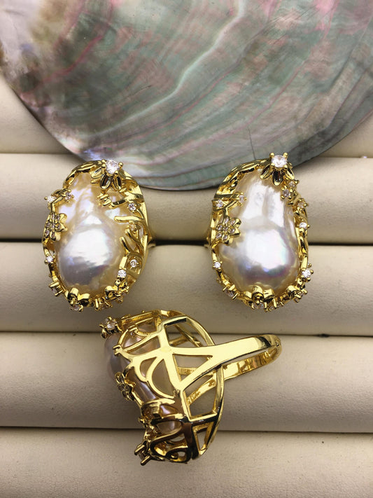 AAA Very Big White Rainbow Baroque Pearl Gold rings, affordable engagement rings, pearl wedding rings, promise rings for her, R1-004