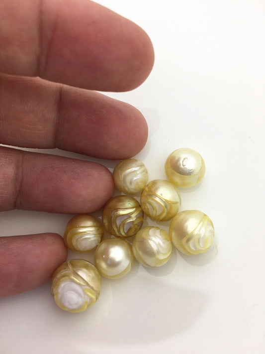 9pcs AAA/AA+ 11-14mm Rose Carved South Sea Pearl - Hand Carved - Tattoo Tahitian Pearls, carved pearls, flower designs, CAC-T19