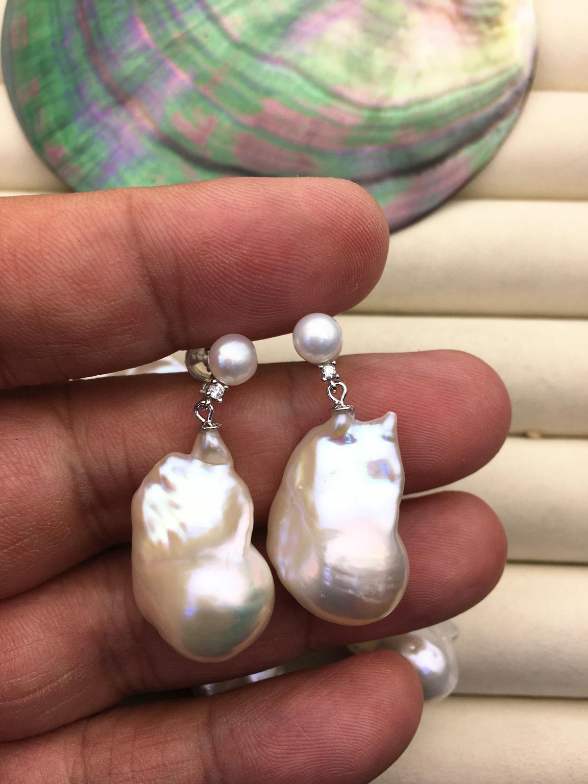 1 pair AAA 13-16mm flame ball pearl diamond stud earrings, sterling silver, earring with white baroque Natural Pearl, SE3-031-26