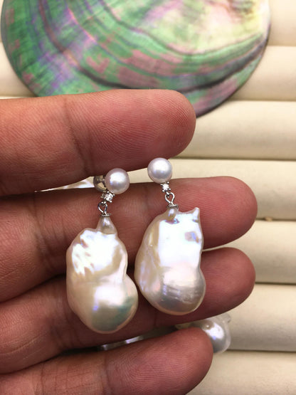 1 pair AAA 13-16mm flame ball pearl diamond stud earrings, sterling silver, earring with white baroque Natural Pearl, SE3-031-26