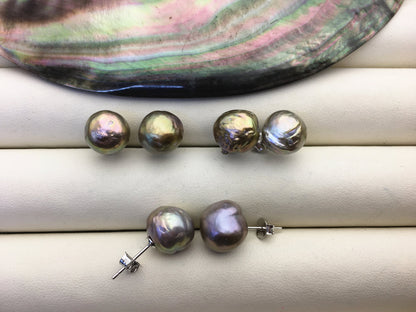2 pairs AA+ 10-11mm gray baroque near round edison pearl stud earrings,S925 Sterling Silver stud earrings,SE3-T64